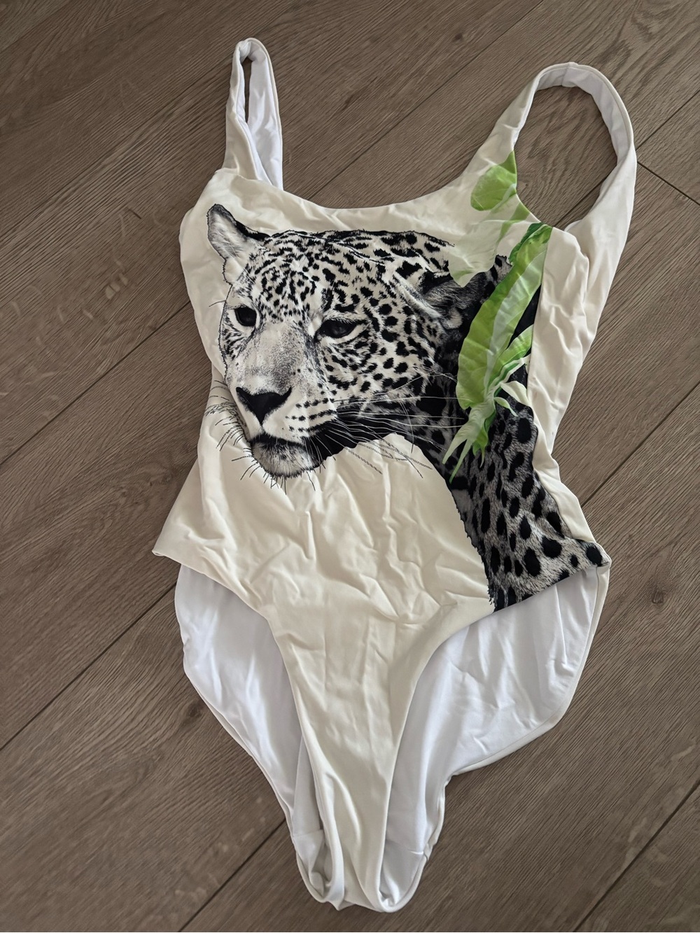 Onia White One-Piece Swimsuit with Black Leopard and Green Leaf Detail